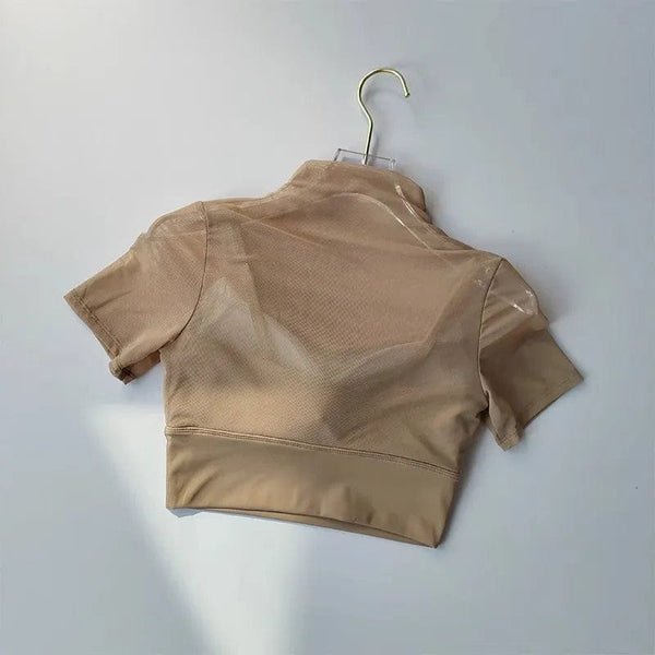 Planet Gates One Piece Cup with Chest Pad Mesh Short Sleeved Yoga Suit Training Tight Top Pilates Fitness Running Sports T-shirt Cloth