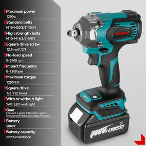 Planet Gates ONEVAN 1200N.M Brushless Electric Impact Wrench 1/2Inch Cordless Electric Screwdriver Wrench Power Tool For Makita 18V Battery