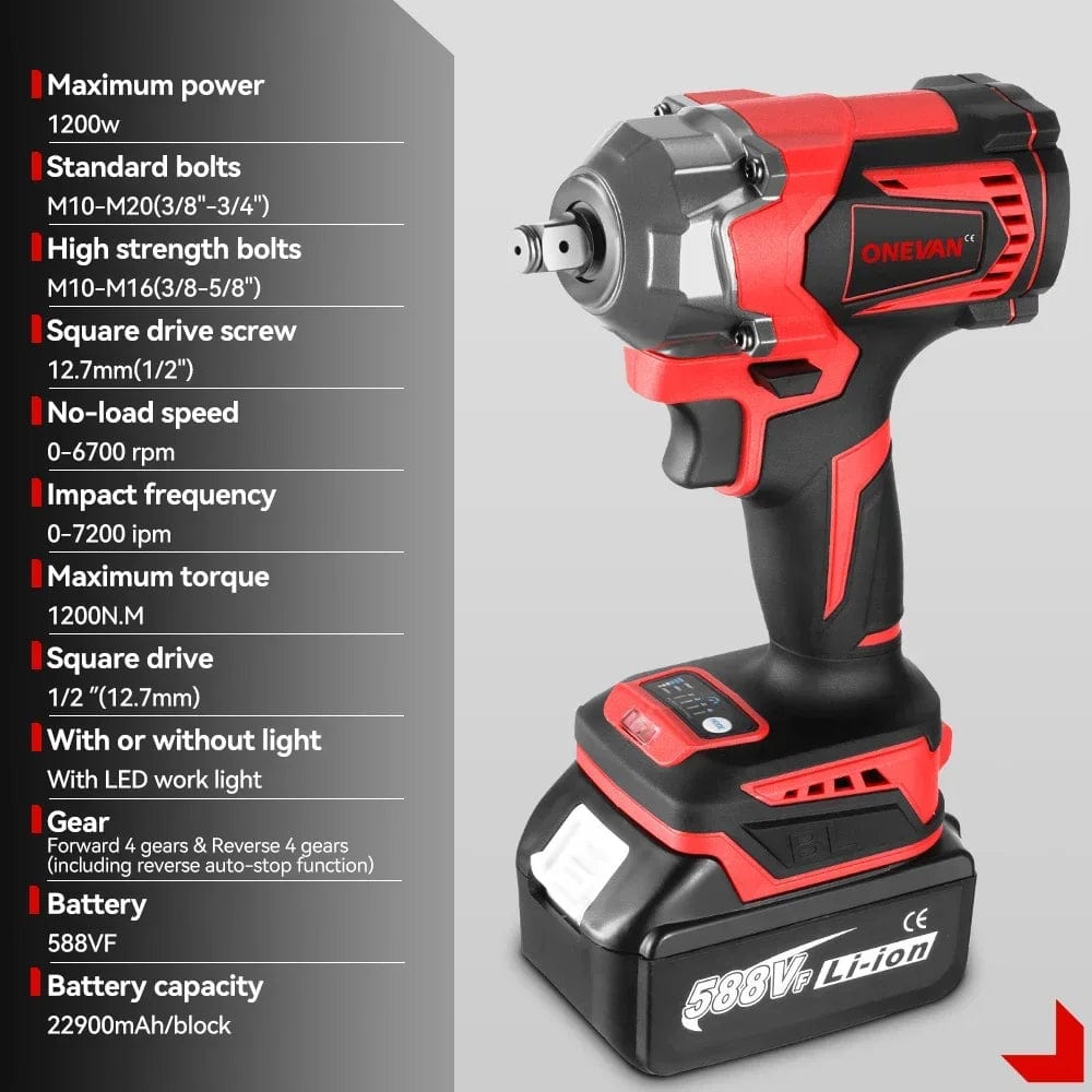 Planet Gates ONEVAN 1200N.M Torque Brushless Electric Impact Wrench 1/2 Inch Cordless Wrench Screwdriver Power Tools For Makita 18V Battery