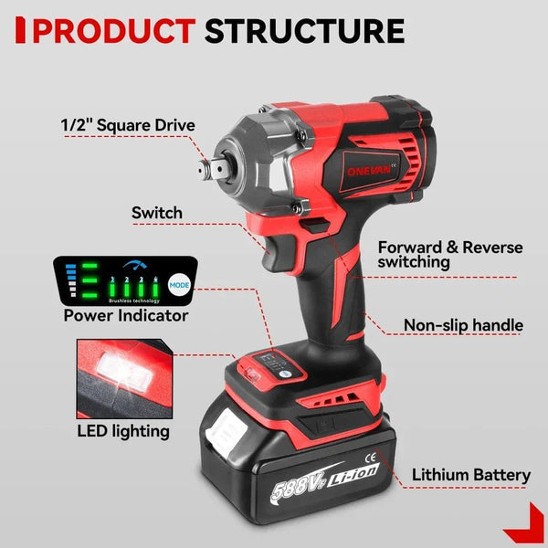 Planet Gates ONEVAN 1200N.M Torque Brushless Electric Impact Wrench 1/2 Inch Cordless Wrench Screwdriver Power Tools For Makita 18V Battery