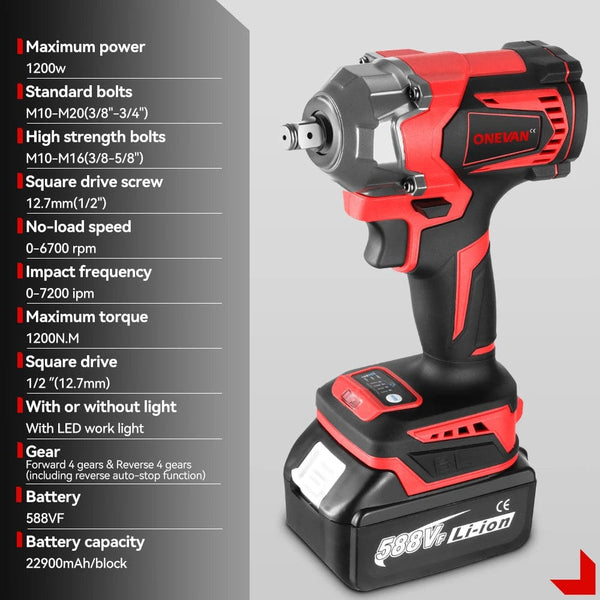Planet Gates ONEVAN 1200N.M Torque Brushless Electric Impact Wrench 1/2 Inch Cordless Wrench Screwdriver Power Tools For Makita 18V Battery