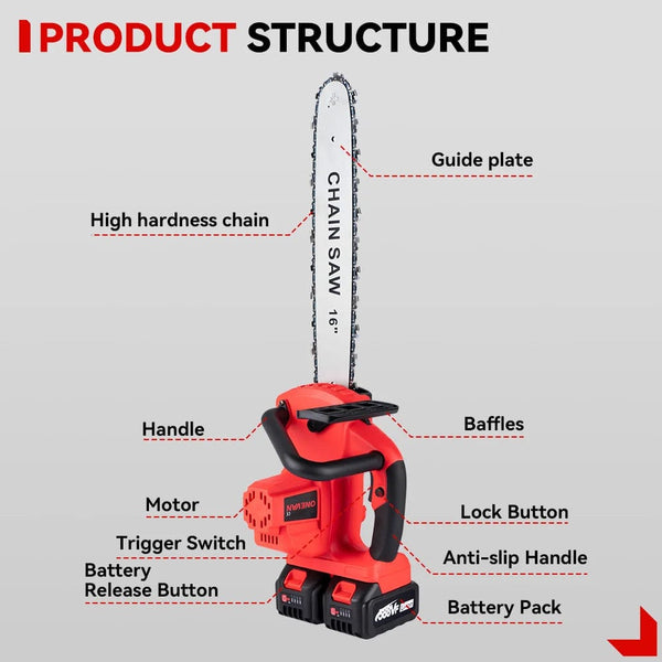 Planet Gates ONEVAN 16 Inch Brushless Electric Chainsaw 7980W Cordless Cutting Saw Woodworking Garden Pruning Power Tool For Makita battery