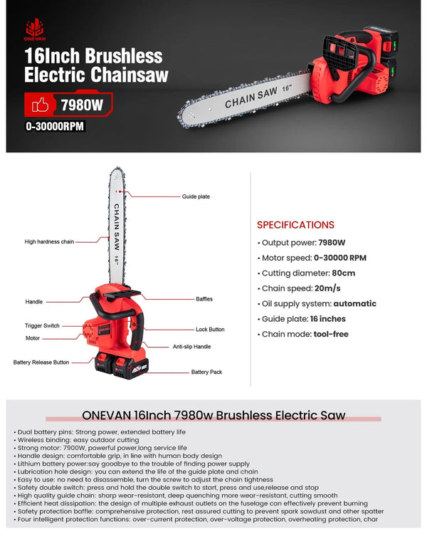 Planet Gates ONEVAN 16 Inch Brushless Electric Chainsaw 7980W Cordless Cutting Saw Woodworking Garden Pruning Power Tool For Makita battery