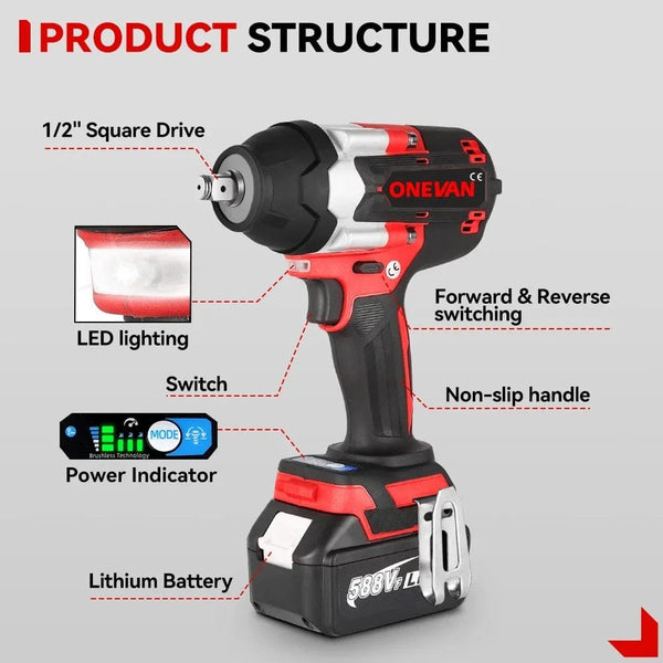 Planet Gates ONEVAN 1800N.M Torque Brushless Electric Impact Wrench 1/2 Inch Lithium-Ion Battery Cordless Power Tool For Makita 18V Battery
