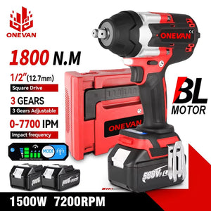 Planet Gates ONEVAN 1800N.M Torque Brushless Electric Impact Wrench 1/2 Inch Lithium-Ion Battery Cordless Power Tool For Makita 18V Battery