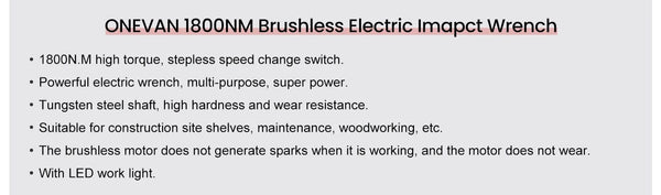 Planet Gates ONEVAN 1800N.M Torque Brushless Electric Impact Wrench 1/2 Inch Lithium-Ion Battery Cordless Power Tool For Makita 18V Battery