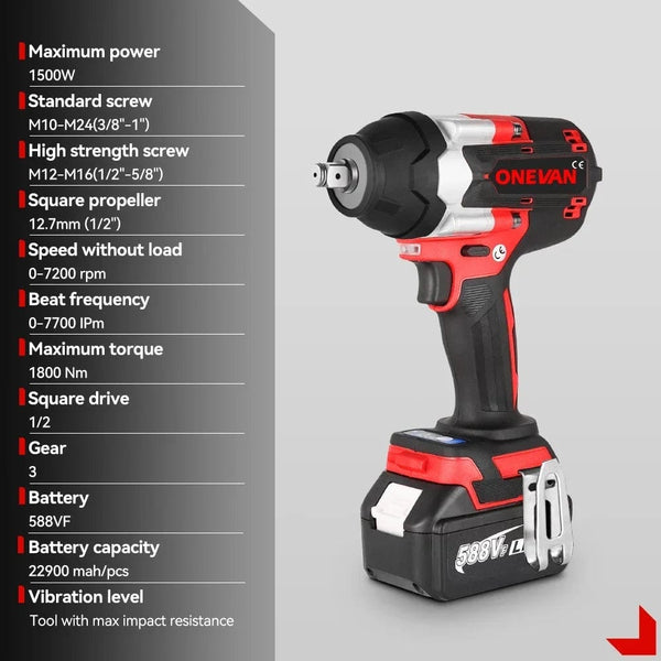 Planet Gates ONEVAN 1800N.M Torque Brushless Electric Impact Wrench 1/2 Inch Lithium-Ion Battery Cordless Power Tool For Makita 18V Battery