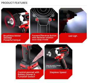 Planet Gates ONEVAN 1800N.M Torque Brushless Electric Impact Wrench 1/2 Inch Lithium-Ion Battery Cordless Power Tool For Makita 18V Battery