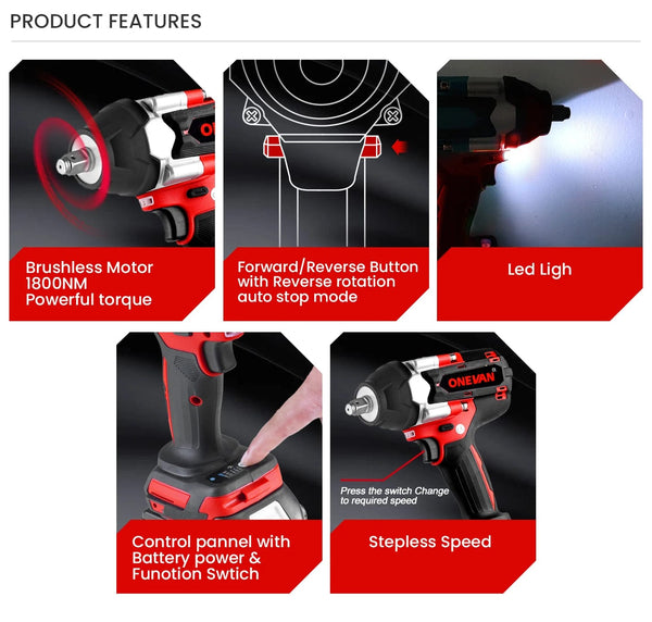 Planet Gates ONEVAN 1800N.M Torque Brushless Electric Impact Wrench 1/2 Inch Lithium-Ion Battery Cordless Power Tool For Makita 18V Battery