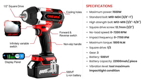 Planet Gates ONEVAN 1800N.M Torque Brushless Electric Impact Wrench 1/2 Inch Lithium-Ion Battery Cordless Power Tool For Makita 18V Battery