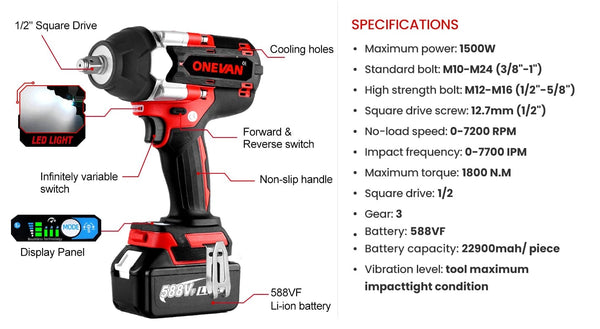 Planet Gates ONEVAN 1800N.M Torque Brushless Electric Impact Wrench 1/2 Inch Lithium-Ion Battery Cordless Power Tool For Makita 18V Battery