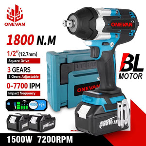 Planet Gates ONEVAN 1800N.M Torque Brushless Electric Impact Wrench 1/2 inch Screwdriver Cordless Wrench Power Tools For Makita 18V Battery