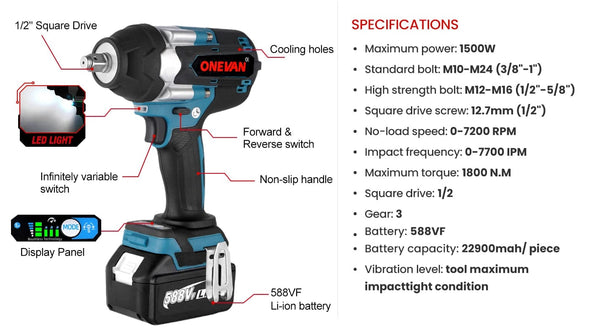 Planet Gates ONEVAN 1800N.M Torque Brushless Electric Impact Wrench 1/2 inch Screwdriver Cordless Wrench Power Tools For Makita 18V Battery