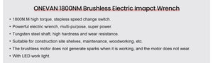 Planet Gates ONEVAN 1800N.M Torque Brushless Electric Impact Wrench 1/2 inch Screwdriver Cordless Wrench Power Tools For Makita 18V Battery