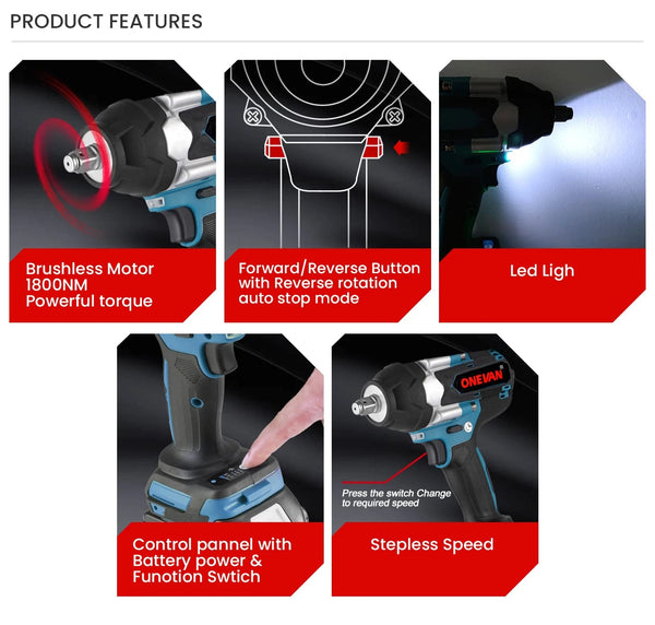 Planet Gates ONEVAN 1800N.M Torque Brushless Electric Impact Wrench 1/2 inch Screwdriver Cordless Wrench Power Tools For Makita 18V Battery