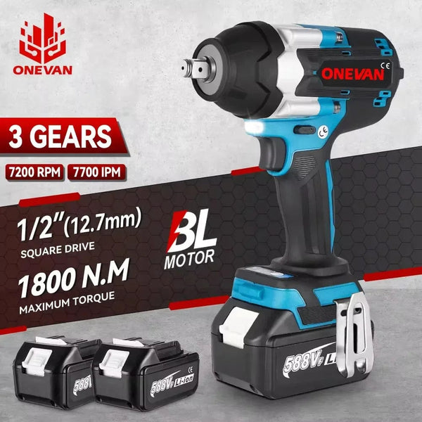 Planet Gates ONEVAN 1800N.M Torque Brushless Electric Impact Wrench Cordless Screwdrive Power Tool Lithium-Ion Battery For Makita 18V Battery
