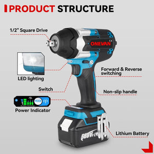Planet Gates ONEVAN 1800N.M Torque Brushless Electric Impact Wrench Cordless Screwdrive Power Tool Lithium-Ion Battery For Makita 18V Battery