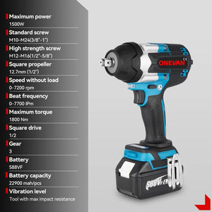 Planet Gates ONEVAN 1800N.M Torque Brushless Electric Impact Wrench Cordless Screwdrive Power Tool Lithium-Ion Battery For Makita 18V Battery