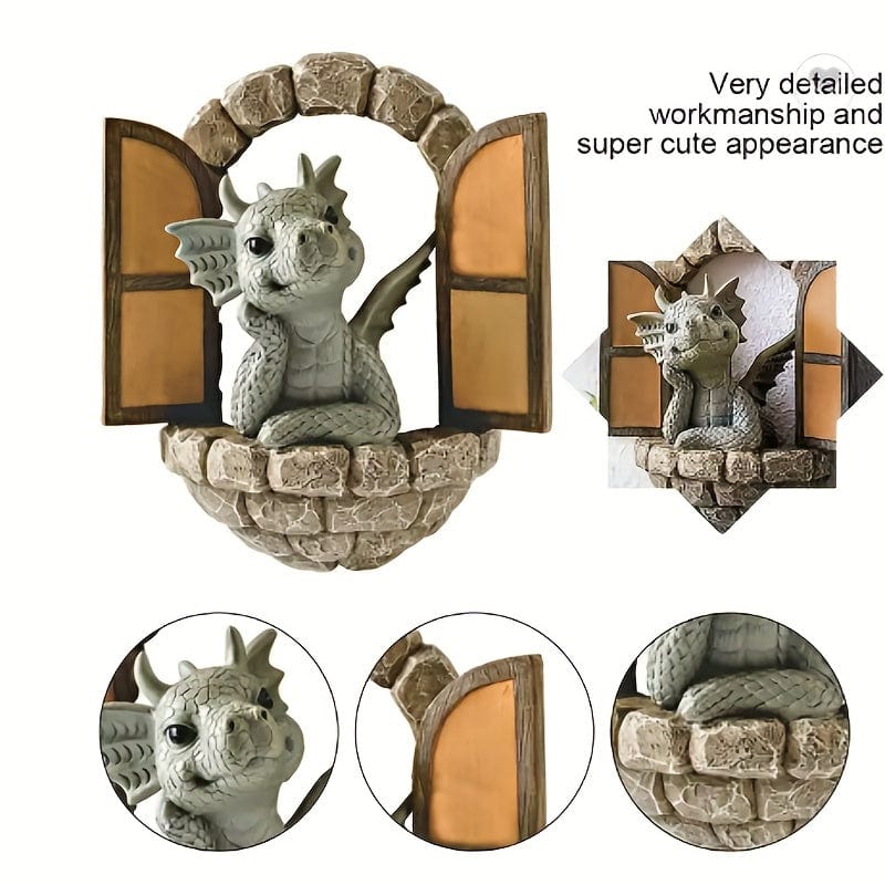 Planet Gates Open Door Dragon 1pc Resin Dragon Sculpture, Window Front Dragon Statue, Fairy Garden Decoration, Wall Hanging For Outdoor Indoor Garden Yard Porch Balcony Patio Decor