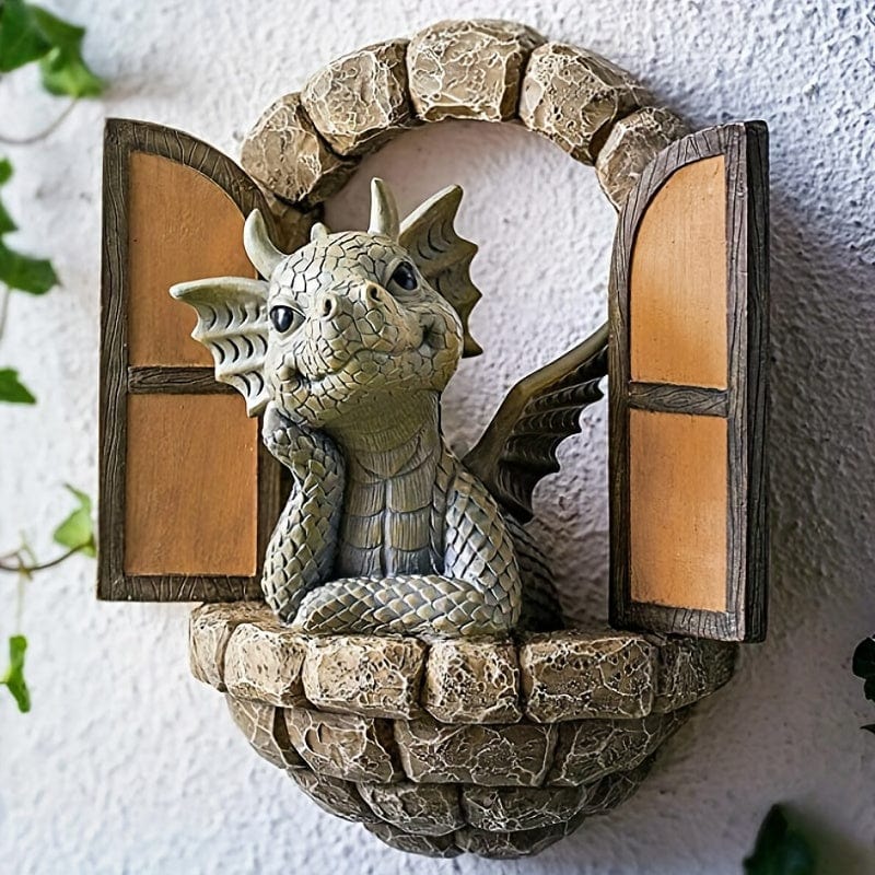 Planet Gates Open Door Dragon 1pc Resin Dragon Sculpture, Window Front Dragon Statue, Fairy Garden Decoration, Wall Hanging For Outdoor Indoor Garden Yard Porch Balcony Patio Decor