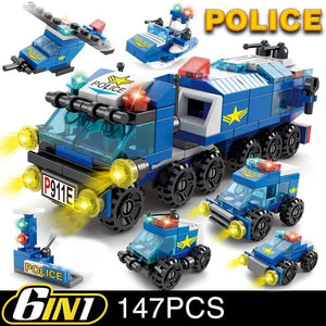 Planet Gates opp bag 147pcs 6in1 City Police Car Fire Engineering Engine Mini Loader Truck Classic Model Building Blocks Sets Bricks Toy Christmas Gift