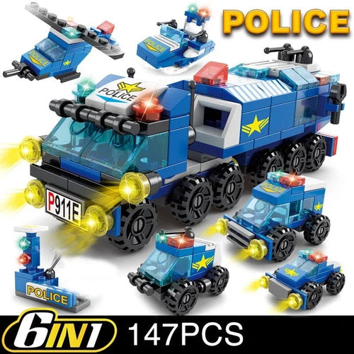 Planet Gates opp bag 147pcs 6in1 City Police Car Fire Engineering Engine Mini Loader Truck Classic Model Building Blocks Sets Bricks Toy Christmas Gift
