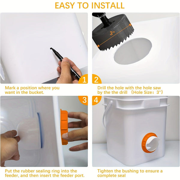 Planet Gates Orange 1 Set Plastic Chicken Feeder No Waste 4 Ports Automatic Poultry Feeder With Stopper & 1 Hole Saw, Weatherproof Reusable Gravity Chicken Feeder Kits For Buckets, Barrels, Bins, Troughs, Pheasant Feeder