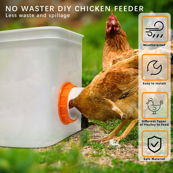 Planet Gates Orange 1 Set Plastic Chicken Feeder No Waste 4 Ports Automatic Poultry Feeder With Stopper & 1 Hole Saw, Weatherproof Reusable Gravity Chicken Feeder Kits For Buckets, Barrels, Bins, Troughs, Pheasant Feeder