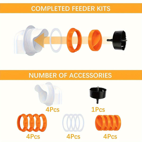 Planet Gates Orange 1 Set Plastic Chicken Feeder No Waste 4 Ports Automatic Poultry Feeder With Stopper & 1 Hole Saw, Weatherproof Reusable Gravity Chicken Feeder Kits For Buckets, Barrels, Bins, Troughs, Pheasant Feeder