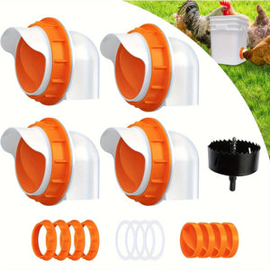 Planet Gates Orange 1 Set Plastic Chicken Feeder No Waste 4 Ports Automatic Poultry Feeder With Stopper & 1 Hole Saw, Weatherproof Reusable Gravity Chicken Feeder Kits For Buckets, Barrels, Bins, Troughs, Pheasant Feeder