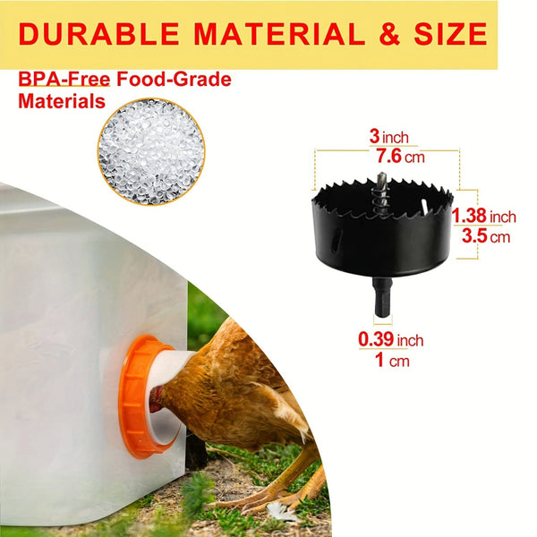 Planet Gates Orange 1 Set Plastic Chicken Feeder No Waste 4 Ports Automatic Poultry Feeder With Stopper & 1 Hole Saw, Weatherproof Reusable Gravity Chicken Feeder Kits For Buckets, Barrels, Bins, Troughs, Pheasant Feeder