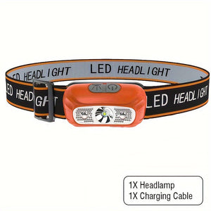 Planet Gates Orange 1pc Mini Induction Headlamp USB Rechargeable, LED Sensor Torch With Built In Battery - Perfect For Fishing, Camping & Riding