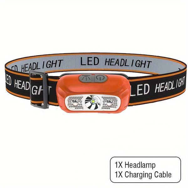 Planet Gates Orange 1pc Mini Induction Headlamp USB Rechargeable, LED Sensor Torch With Built In Battery - Perfect For Fishing, Camping & Riding