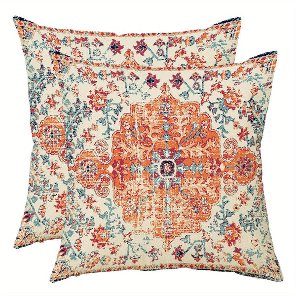Planet Gates Orange 2pcs Boho Blue Throw Pillow Cover, Bohemia Ethnic Style Carpet Pattern Cushion Case For Sofa Couch, Home Decor, 45.72x45.72 Cm