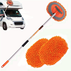Planet Gates Orange 62" Car Wash Brush Kit With Long Handle, Scratch Free Mop Cleaning Mitt Suitable For Washing Cars Truck SUV RV Caravans And Household (2 X Mop Head)