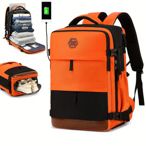 Planet Gates Orange Black Men's Travel Backpack, Waterproof Computer Backpack, With Shoe Compartment, Computer Carry-on Backpack