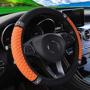 Planet Gates Orange Four Seasons Universal Car Steering Wheel Cover 37-38cm Leather Embroidered Color Diamond-Studded Elastic Steering Wheel Cover