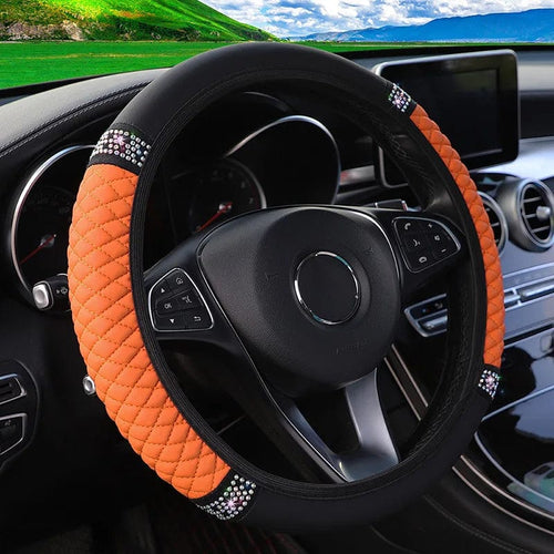 Planet Gates Orange Four Seasons Universal Car Steering Wheel Cover 37-38cm Leather Embroidered Color Diamond-Studded Elastic Steering Wheel Cover