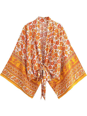 Planet Gates orange / XL Boho Vintage Floral Print Beach Summer Short Kimono Women Fashion Ladies Casual V Neck Batwing Sleeves Bohemian Cover-ups