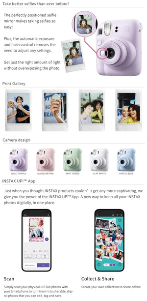 Planet Gates Origin Fujifilm Instax Mini 12 Instant Camera Pink/Blue/Gray/White/Purple with Instax Mini Film Photo Paper