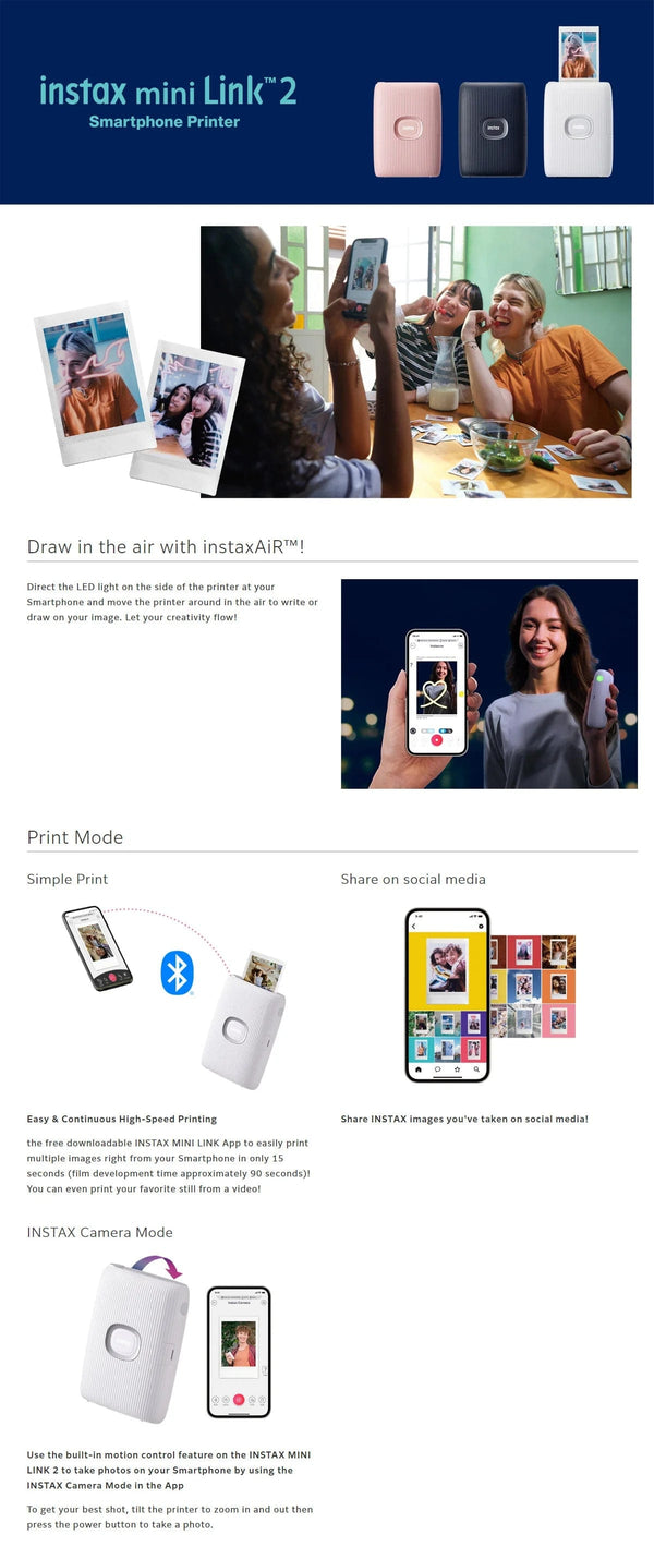 Planet Gates Original Fujifilm Instax Mini Link 2 Printer Instax Photo Camera Printers For Smart Phone App Film Machine New Fujifilm Camera