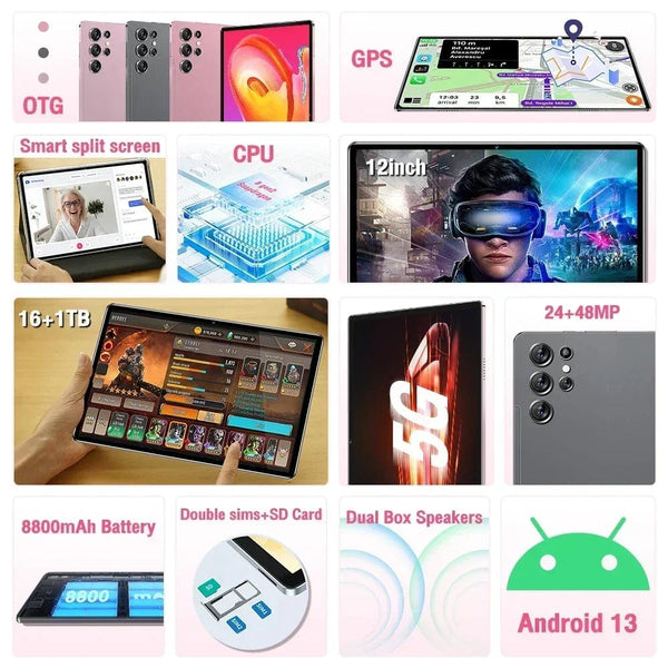 Planet Gates Original New Tablet Ultra Pad 2024 16G+1TB Android 13 Tablet PC 12 Inch Snapdragon 8 gen2 WIFI 5G tablets Learning entertainment