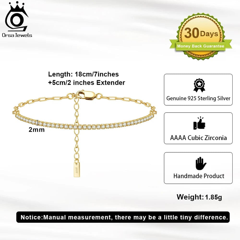 Planet Gates ORSA JEWELS 14K Gold Plated Paperclip Chains Tennis Bracelet For Women 925 Sterling Silver Handmade Bracelets Jewelry SB141