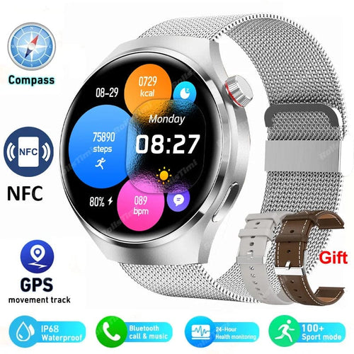 Planet Gates other / Silver Mesh belt 2 2024 New Smart Watch Heart rate Health Monitor Bluetooth Call NFC GPS Tracker IP68 Waterproof  SmartWatch Men For HUAWEI GT4 Pro