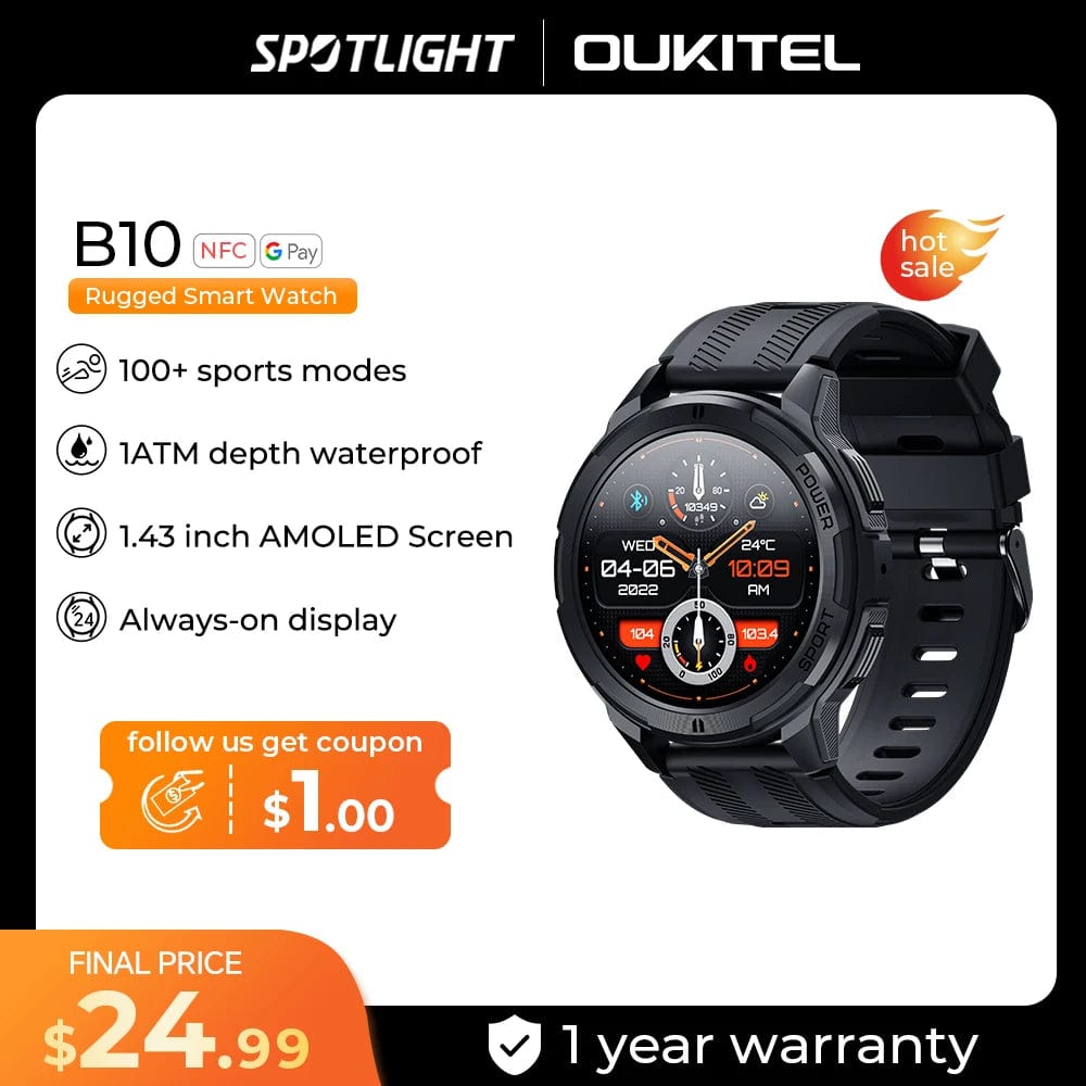 Planet Gates Oukitel BT10 SmartWatch Sport 2024 Smart Watch For Men 410mAh 1.43 Inch BT5.2  Men's Smartwatch