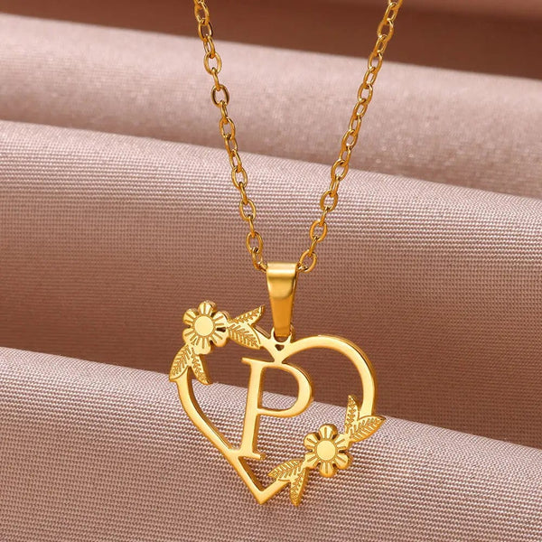 Planet Gates P / 45cm / CHINA Gold Color Dainty Flower Initials Necklace Women Girl Stainless Steel Heart Letter Choker Necklace Best Gifts Alphabet Jewelry