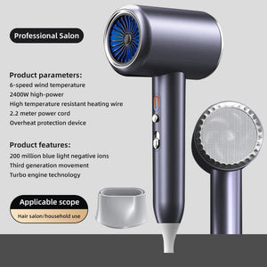 Planet Gates P93360-Grey-EU New High-Speed Hair Dryer 2400W High-Power Negative Ion Ultra Silent Recommended Professional Hair Dryer For Home Hair Salons