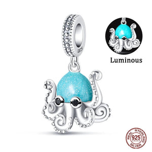 Planet Gates PAC638 Fit Qikaola 925 Original Bracelets Blue Zircon Owl Luminous Sea Turtle Octopus 925 Silver Charms Beads DIY Birthday Jewelry Gift