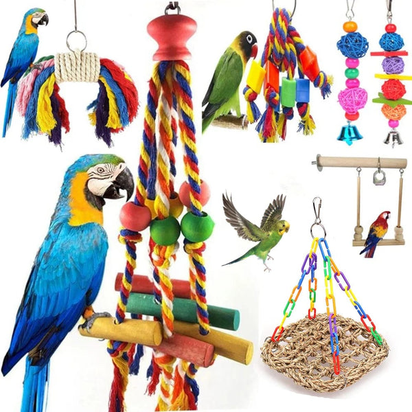 Planet Gates Parrot Chew Toy Cotton Rope Birds Toy Bite Bridge Bird Tearing Toys Cockatiels Training Hang Swings Birds Cage Supplies