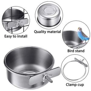 Planet Gates Parrot Feeding Cups Bird Feeder Dish Removable Stainless Steel Food Bowls with Clamp Holder for Cage for Small Animals Bird Cage